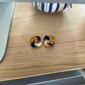 Vintage Ceramic Braided Square Earrings Neutral Twist Studs